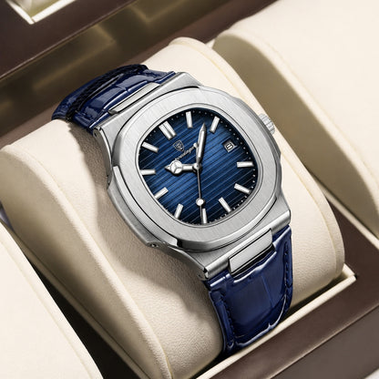 Lisbon Classic Leather Watch | With Date And Luminous Hands For Business And Everyday Wear Neriona Silver Blue
