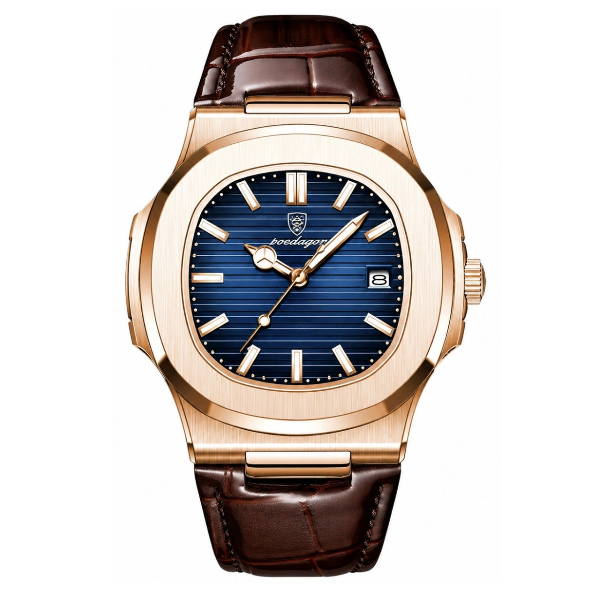 Lisbon Classic Leather Watch | With Date And Luminous Hands For Business And Everyday Wear Neriona Rose Gold Blue