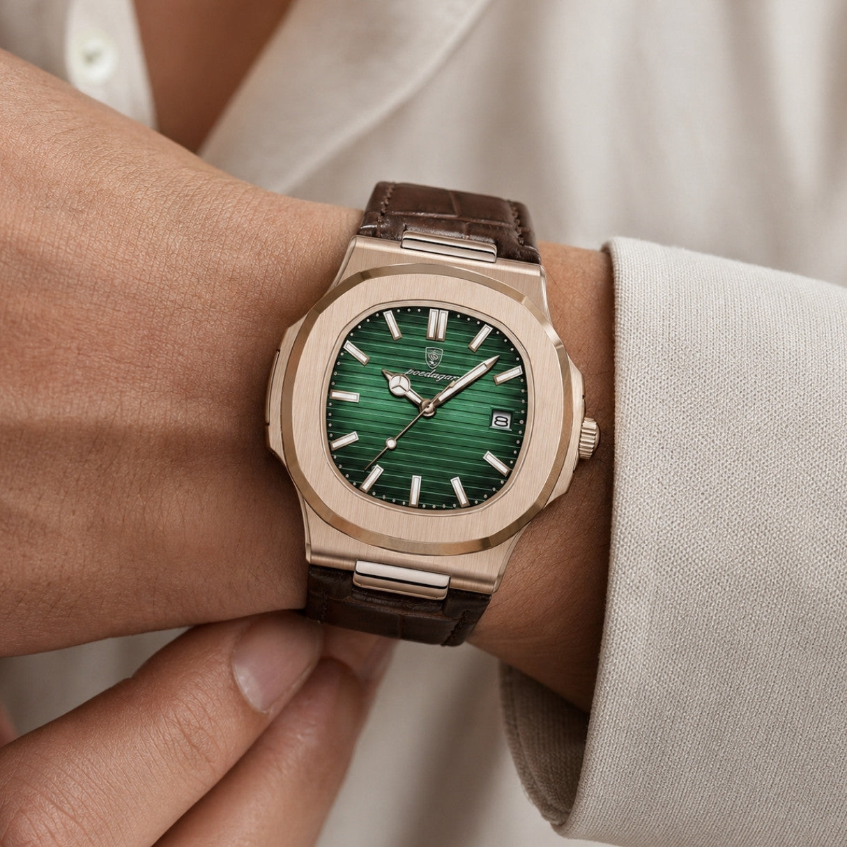 Lisbon Classic Leather Watch | With Date And Luminous Hands For Business And Everyday Wear Neriona Rose Gold Green