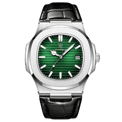 Lisbon Classic Leather Watch | With Date And Luminous Hands For Business And Everyday Wear Neriona Silver Green