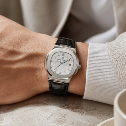Lisbon Classic Leather Watch | With Date And Luminous Hands For Business And Everyday Wear Neriona Silver White
