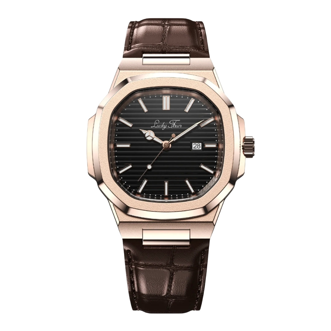 Rose Gold Leather Watch - Minimal Design | Clean Dial Watch With Date and Sapphire Glass for Everyday Wear Neriona Iron - Rose Gold