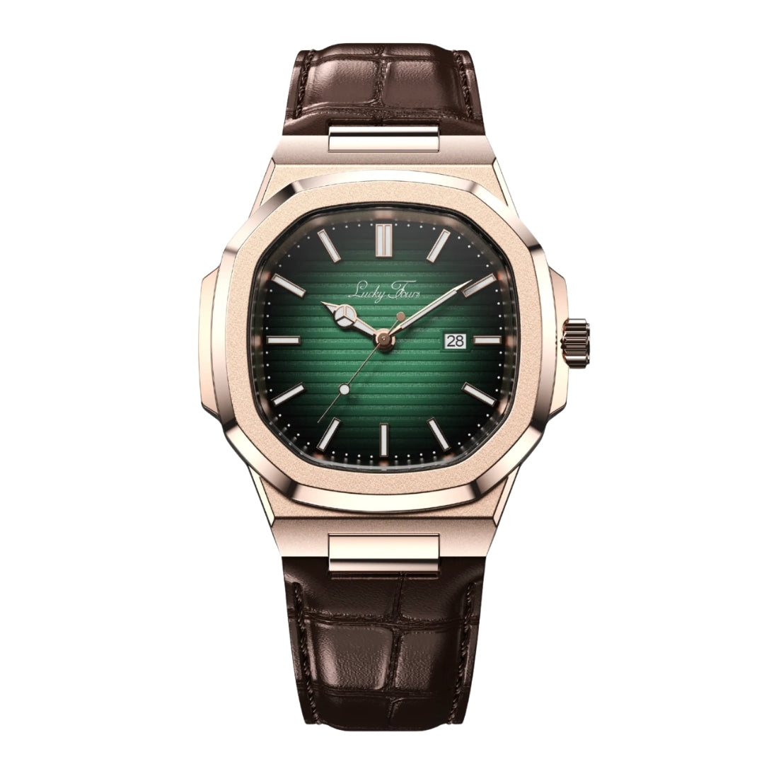 Rose Gold Leather Watch - Minimal Design | Clean Dial Watch With Date and Sapphire Glass for Everyday Wear Neriona Emerald - Rose Gold
