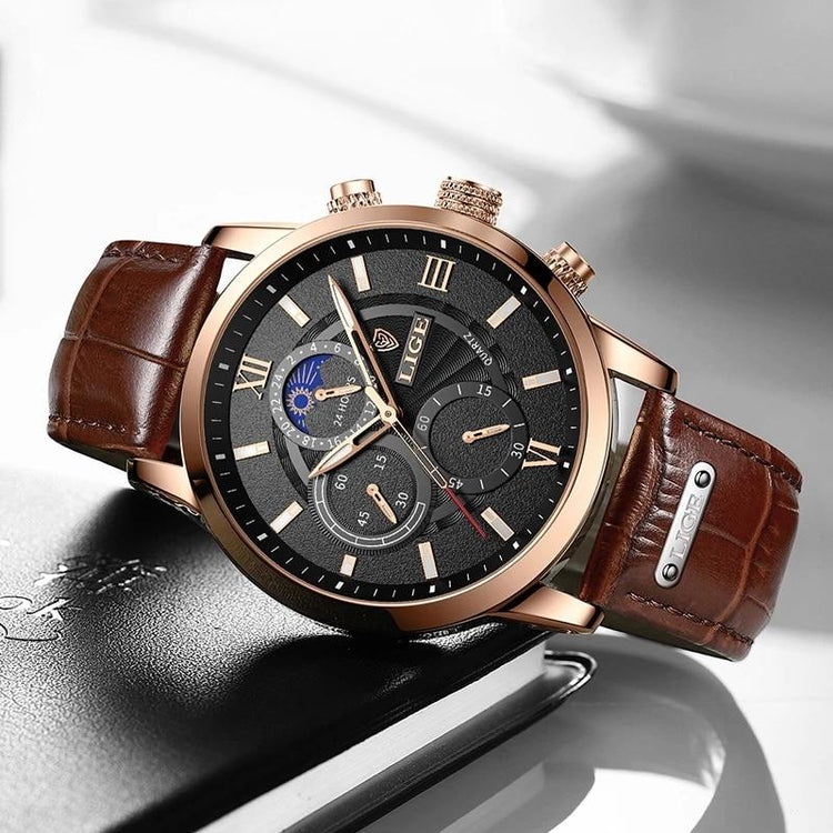 Lige Leather Classic Watch | With Moonphase Detail and Luminous Hands for Everyday and Business Wear Neriona