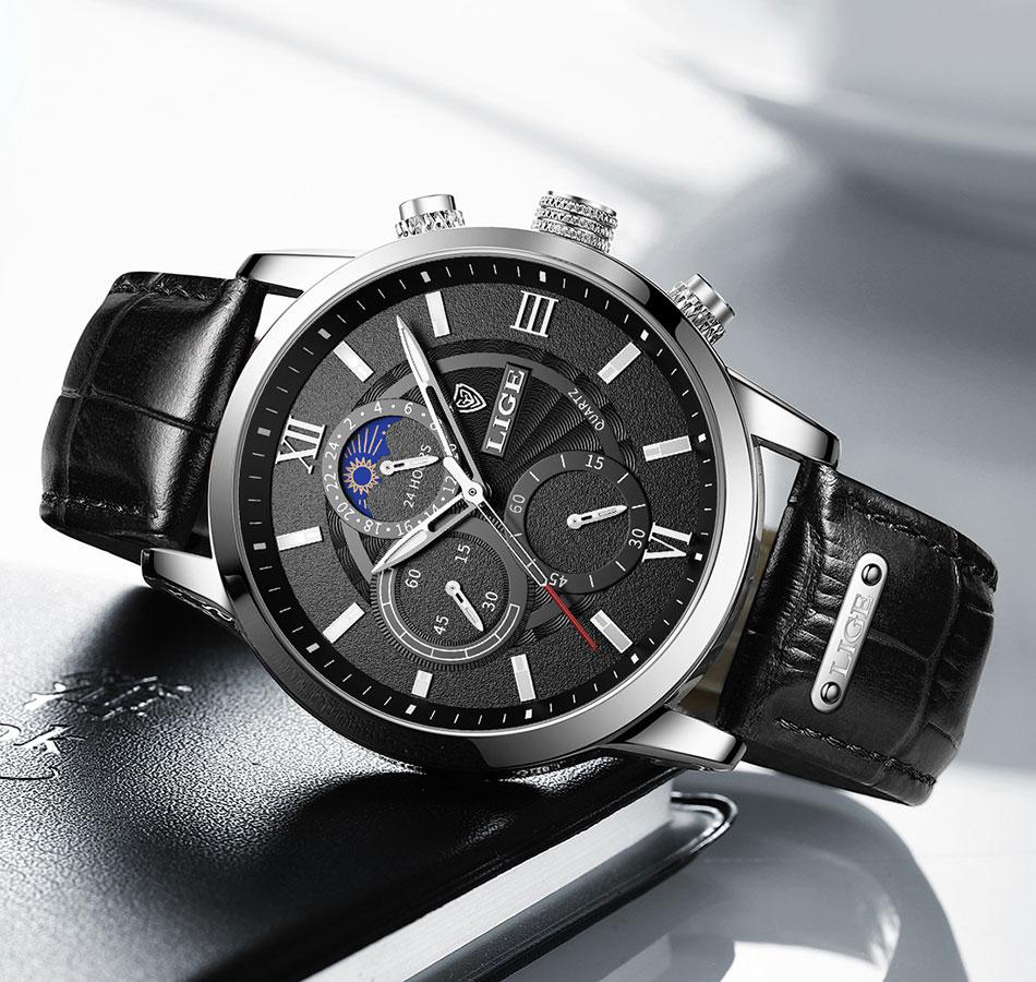 Lige Leather Classic Watch | With Moonphase Detail and Luminous Hands for Everyday and Business Wear Neriona