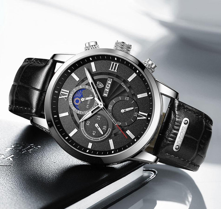 Lige Leather Classic Watch | With Moonphase Detail and Luminous Hands for Everyday and Business Wear Neriona