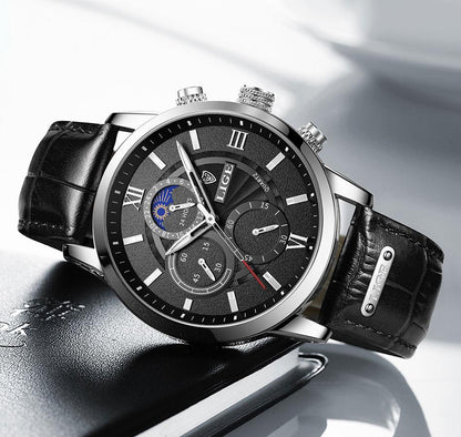 Lige Leather Classic Watch | With Moonphase Detail and Luminous Hands for Everyday and Business Wear Neriona