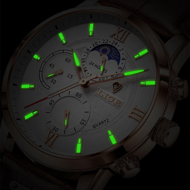 Lige Leather Classic Watch | With Moonphase Detail and Luminous Hands for Everyday and Business Wear Neriona