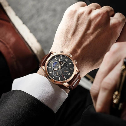 Lige Leather Classic Watch | With Moonphase Detail and Luminous Hands for Everyday and Business Wear Neriona