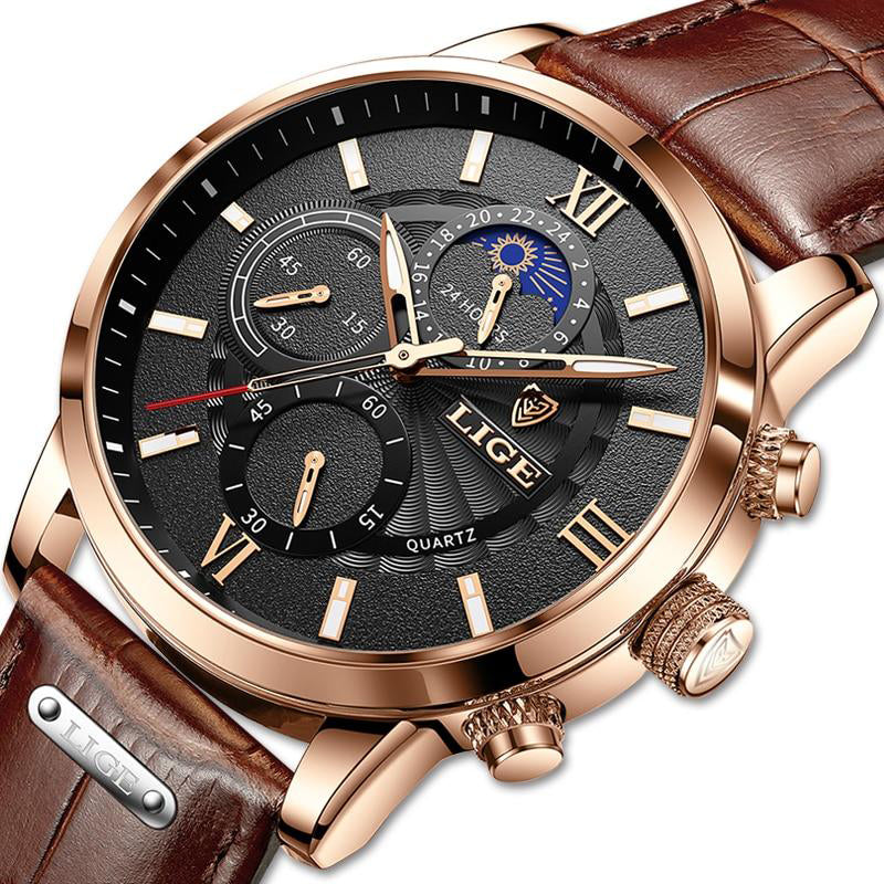 Lige Leather Classic Watch | With Moonphase Detail and Luminous Hands for Everyday and Business Wear Neriona