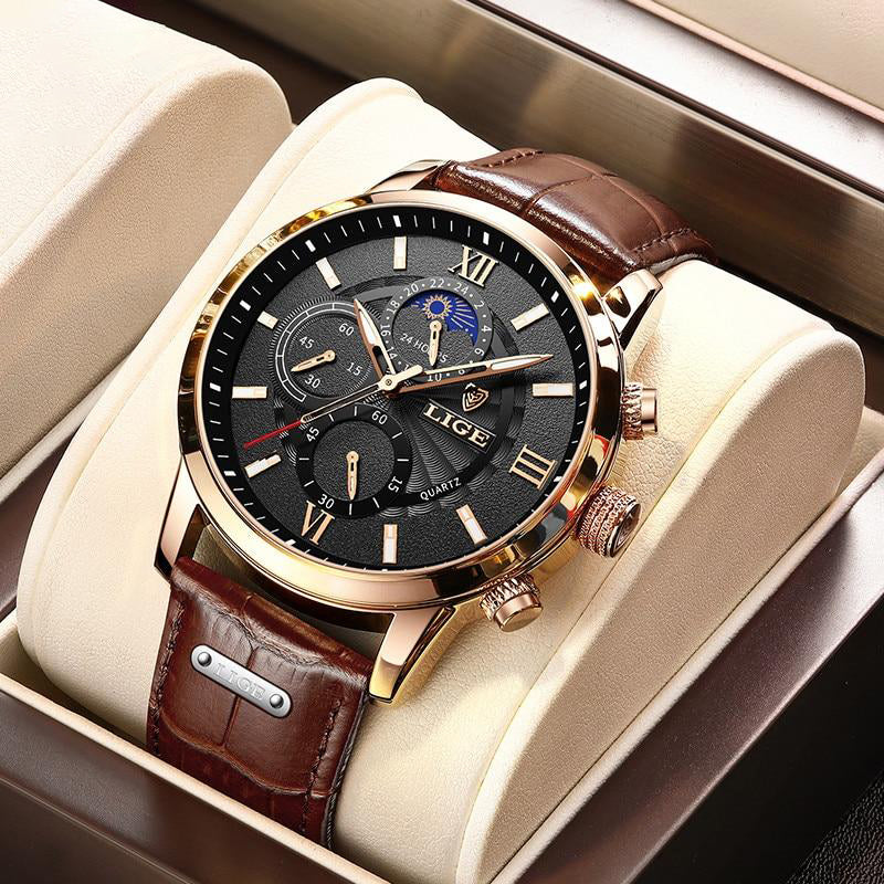 Lige Leather Classic Watch | With Moonphase Detail and Luminous Hands for Everyday and Business Wear Neriona Gold black
