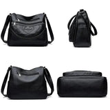 Black leather crossbody bag shown from multiple angles with braided front and zip pockets