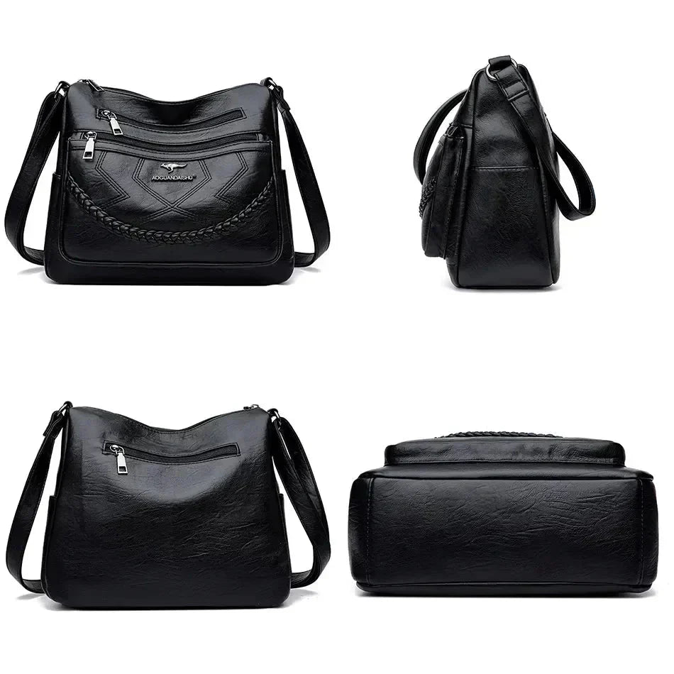 Black leather crossbody bag shown from multiple angles with braided front and zip pockets
