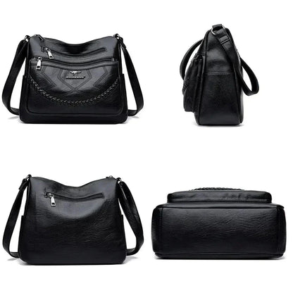 Black leather crossbody bag shown from multiple angles with braided front and zip pockets