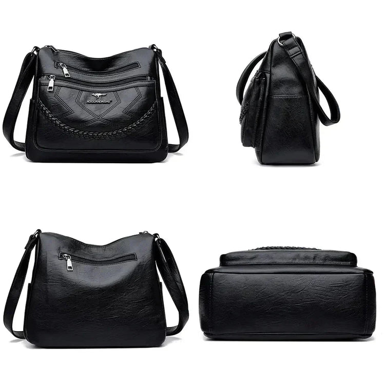 Black leather crossbody bag shown from multiple angles with braided front and zip pockets