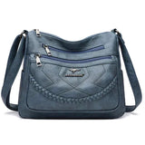 Light blue leather crossbody bag with braided panel and zip pockets, AOGUANDANSHUO