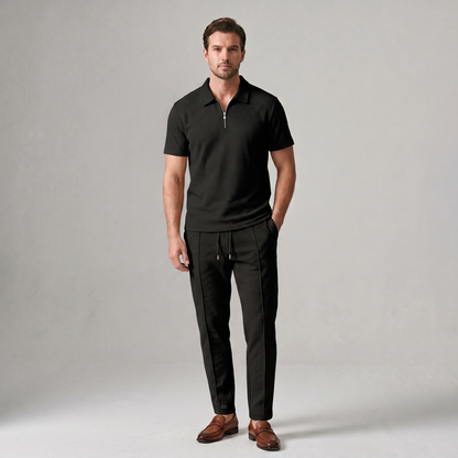 Lorenzo – Waffle Knit Two-Piece Set | Matching Shirt And Trousers For Smart Casual Style Men's Two-Piece Set Neriona Black