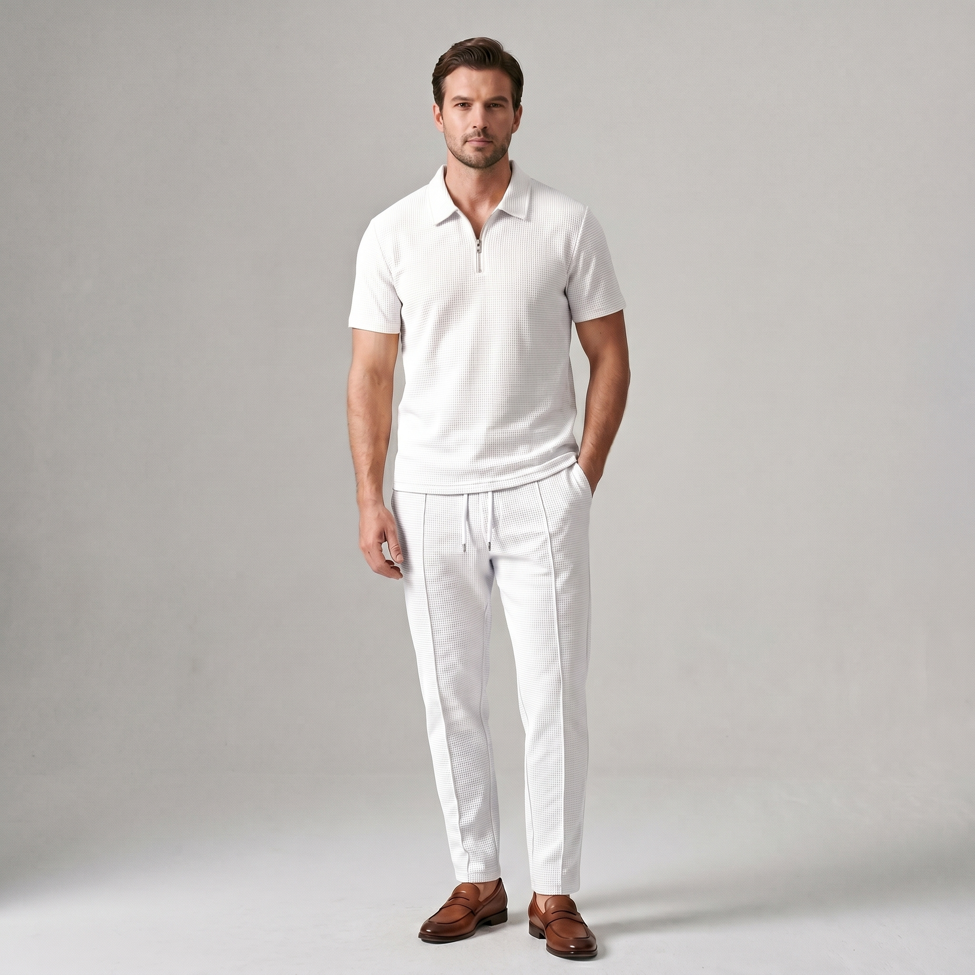 Lorenzo – Waffle Knit Two-Piece Set | Matching Shirt And Trousers For Smart Casual Style Men's Two-Piece Set Neriona White