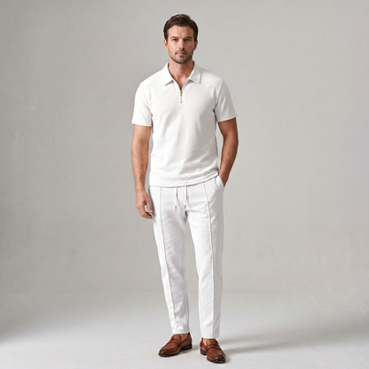 Lorenzo – Waffle Knit Two-Piece Set | Matching Shirt And Trousers For Smart Casual Style Men's Two-Piece Set Neriona White