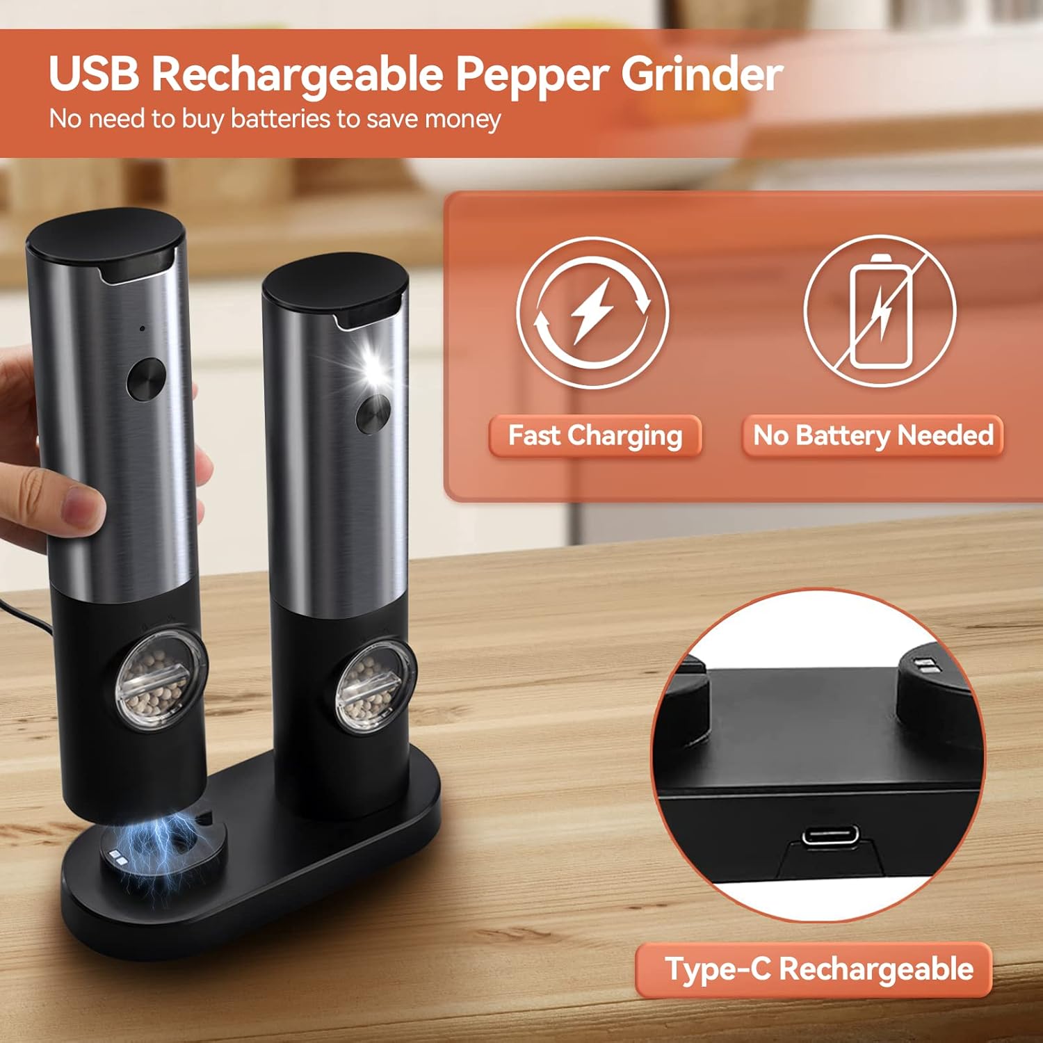 Electric Salt and Pepper Grinder Set Rechargeable | Stainless Steel Mills With Adjustable Grind and LED Light for Easy Use Neriona