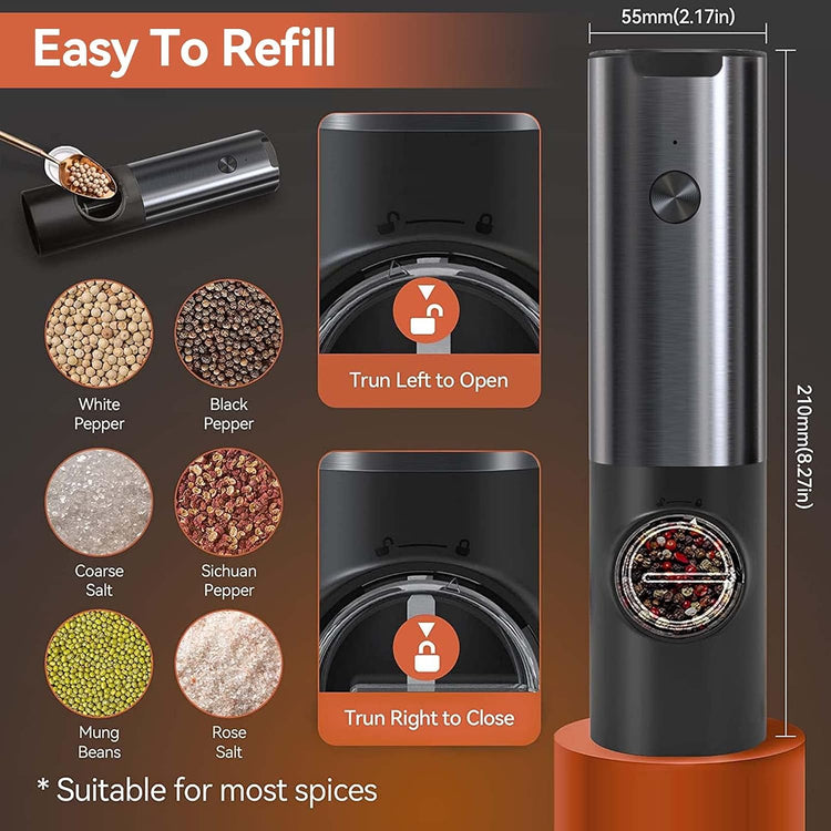 Electric Salt and Pepper Grinder Set Rechargeable | Stainless Steel Mills With Adjustable Grind and LED Light for Easy Use Neriona