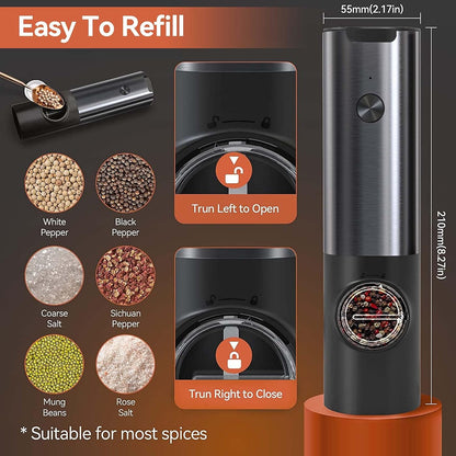 Electric Salt and Pepper Grinder Set Rechargeable | Stainless Steel Mills With Adjustable Grind and LED Light for Easy Use Neriona