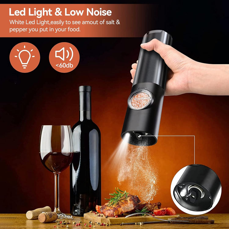 Electric Salt and Pepper Grinder Set Rechargeable | Stainless Steel Mills With Adjustable Grind and LED Light for Easy Use Neriona