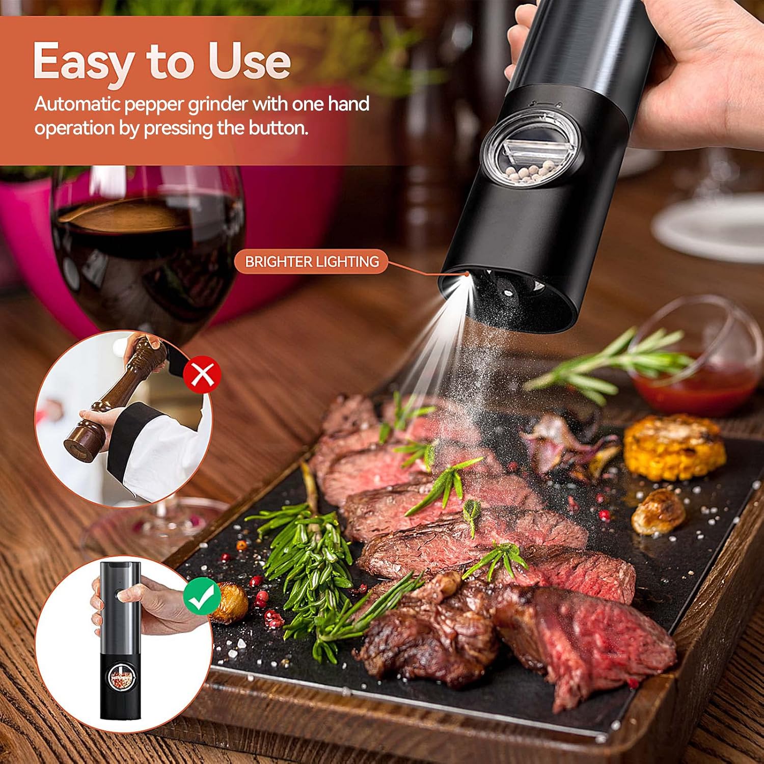 Electric Salt and Pepper Grinder Set Rechargeable | Stainless Steel Mills With Adjustable Grind and LED Light for Easy Use Neriona